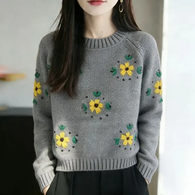 品牌时尚女装秋冬花朵勾花套头毛衣圆领长袖针织衫宽松韩版打底衫