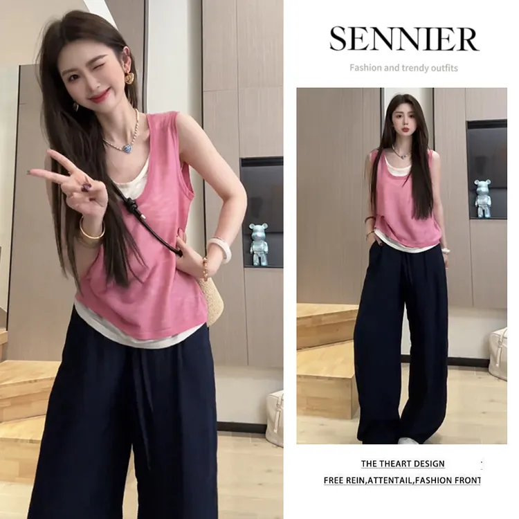 今年流行穿搭2025新款百搭设计感假两件无袖背心显瘦阔腿裤两件套
