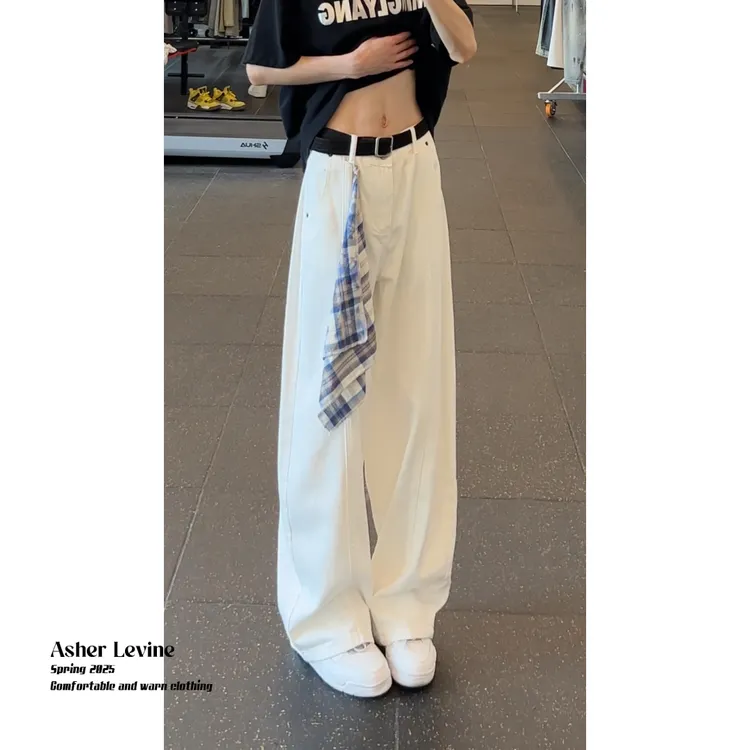 美式复古格纹方巾牛仔裤男女同款夏季潮牌宽松直筒阔腿休闲长裤潮