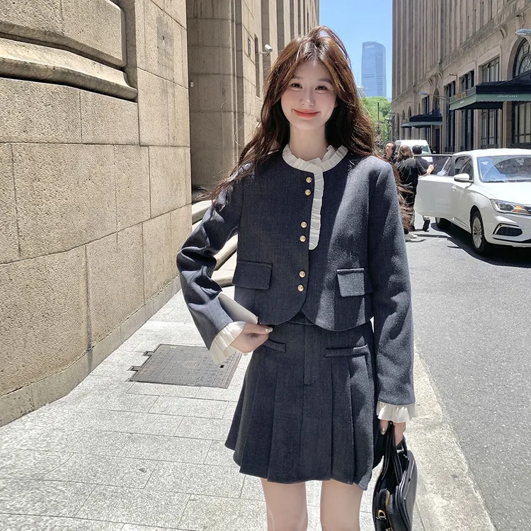 小香风灰色上衣百褶裙套装女2025秋季新款小个子甜美清纯系两件套