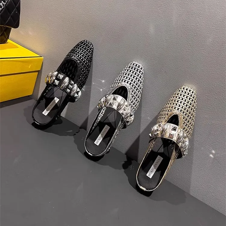 法式编织镂空包头半拖鞋女夏外穿2025新款内增高一脚蹬懒人凉拖鞋