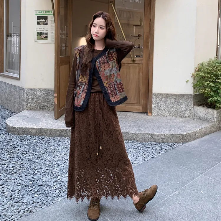 复古印花两面穿马甲套装裙女2025早秋休闲打底衫蕾丝半身裙三件套