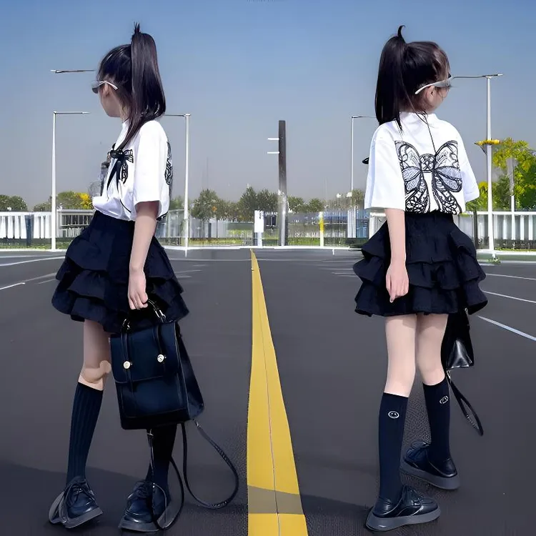 女童夏季套装2025新款蛋糕裙洋气儿童短袖T恤时髦百褶短裙两件套8