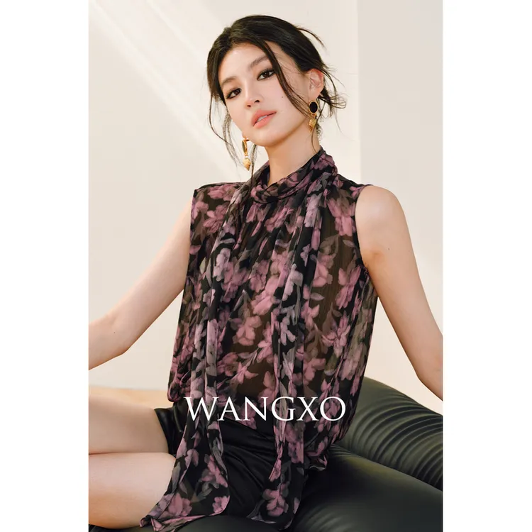 WANGXO 立领飘带顺妤皱印花无袖衬衫 250700W