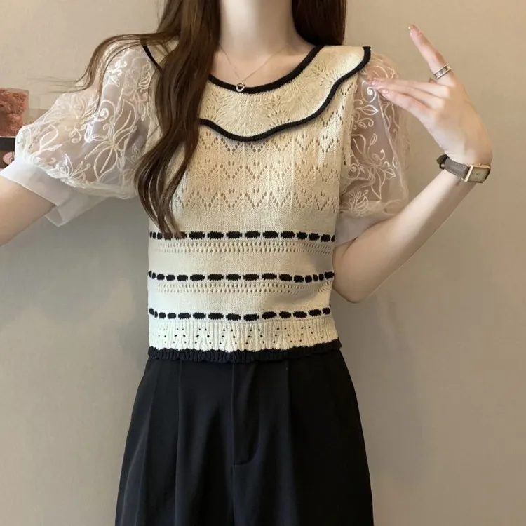 短款法式针织衫泡泡宽松上衣设计感镂空雪纺拼接夏女高腰短袖