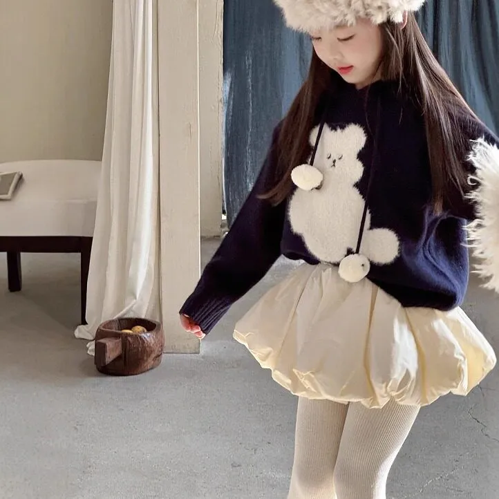 女童秋冬毛球连帽毛衣小狗针织打底儿童灯笼短裙蓬蓬花苞半身裙