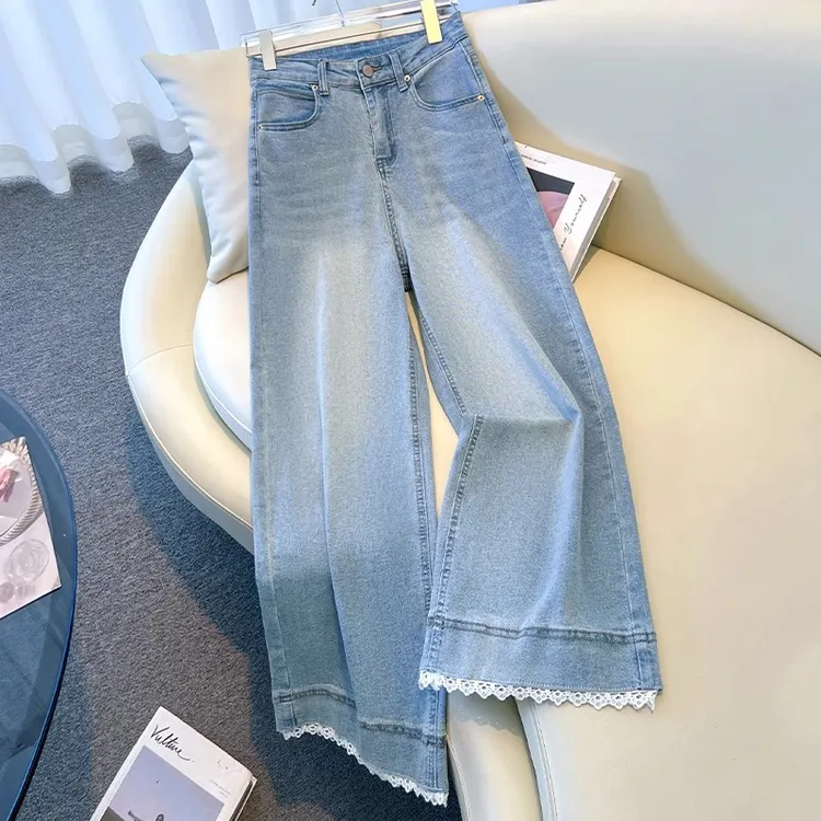 夏季蕾丝拼接牛仔阔腿裤女2025新款高腰显瘦九分裤小个子直筒裤子