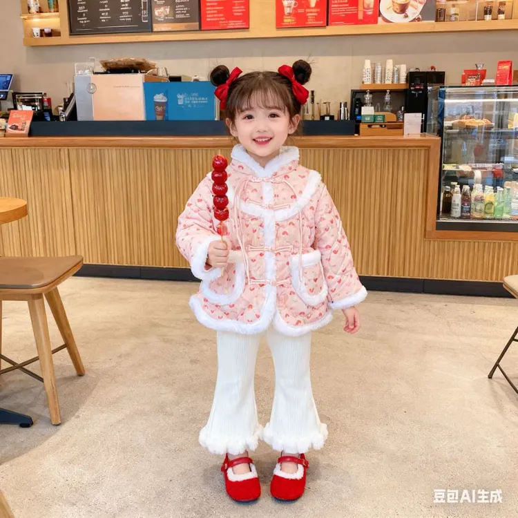 中国风女孩加厚碎花高领棉袄喜庆清新拜年棉服加绒棉衣女宝保暖衣
