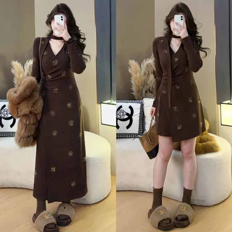 MuMu微胖定制法式秋冬重工烫钻德绒收腰连衣裙内搭显瘦裙WP10699