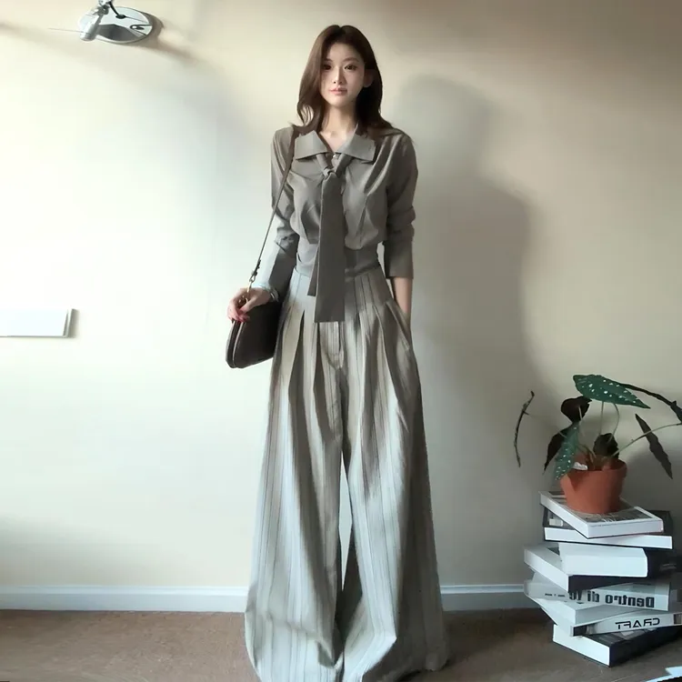 长袖衬衫女2025新款韩系通勤穿搭套装气质收腰衬衣设计感系带上衣