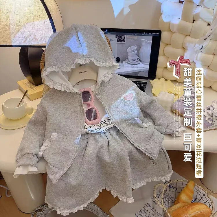女童甜美连帽爱心蕾丝拼接外套蕾丝童装花边短裙儿童