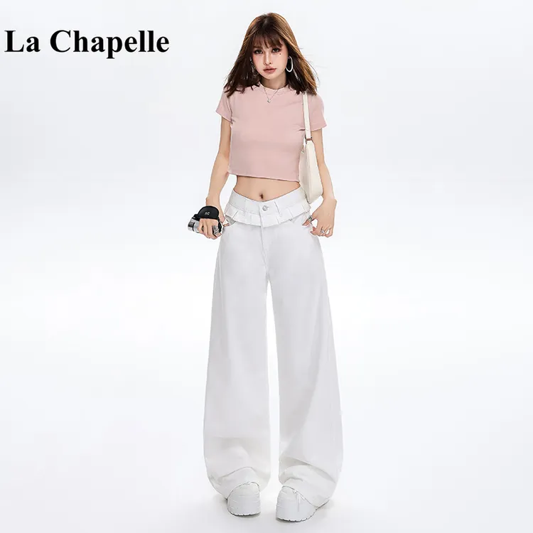 拉夏贝尔白色花边直筒牛仔裤女夏季新款显瘦宽松辣妹设计感弯刀裤