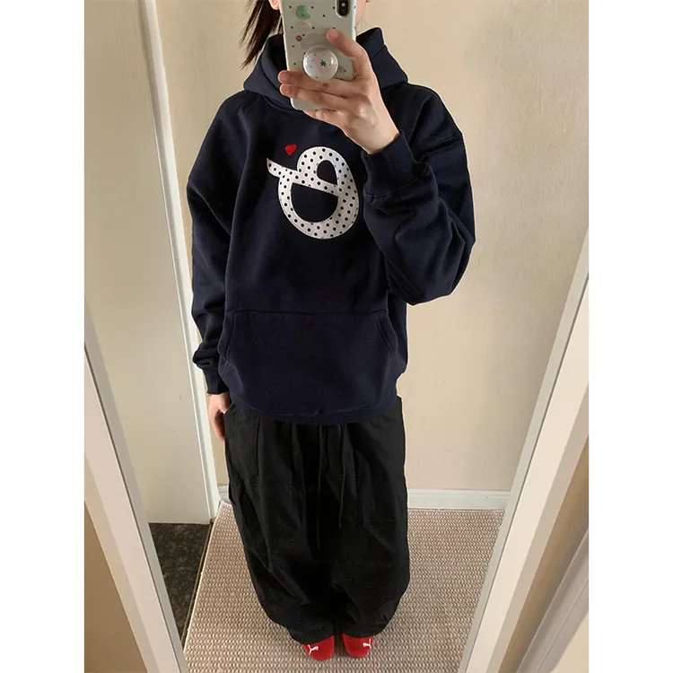 美式波点e字母印花卫衣女2025新款秋季宽松休闲情侣连帽外套上衣