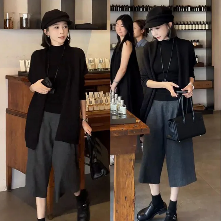减龄遮肉套装女2025秋装长袖打底衫毛衣针织衫松弛感休闲裤三件套