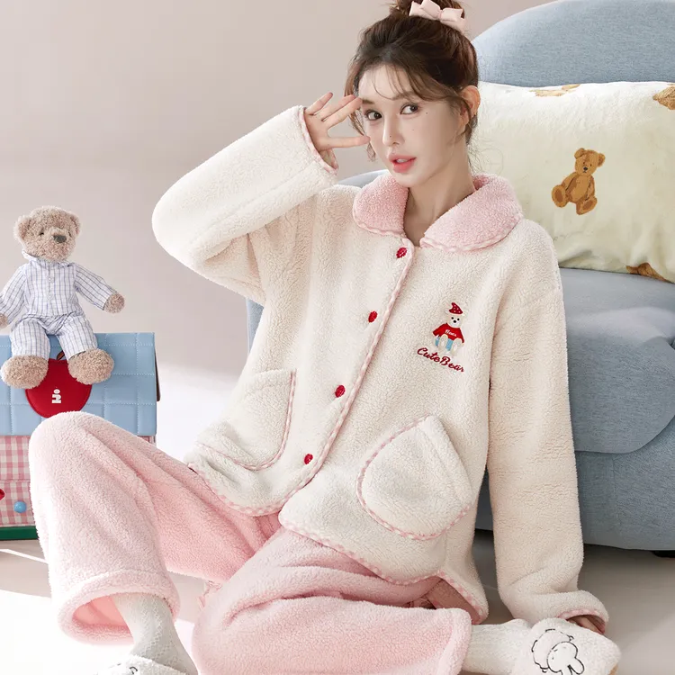 【莎粒绒】可外穿甜美秋冬女士加绒法兰绒家居服柔软舒适保暖睡衣