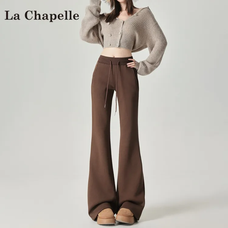 拉夏贝尔咖色高腰加绒微喇叭裤女秋冬2025新款辣妹显瘦休闲马蹄裤