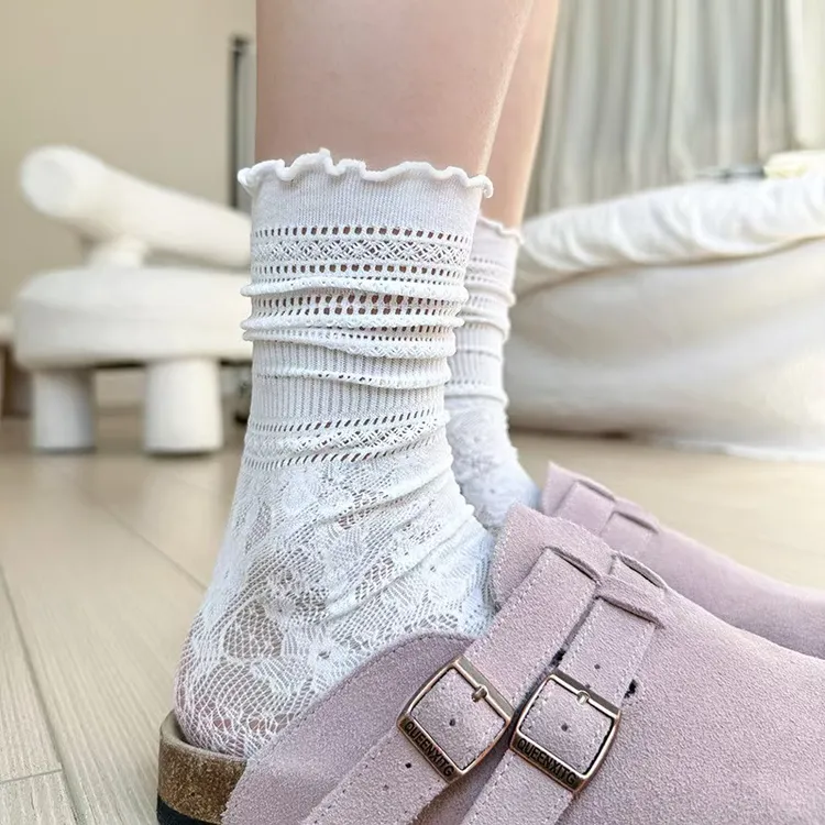 jk堆堆袜白色木耳边冰冰袜蕾丝袜法式夏季蕾丝袜子薄款堆堆袜新款