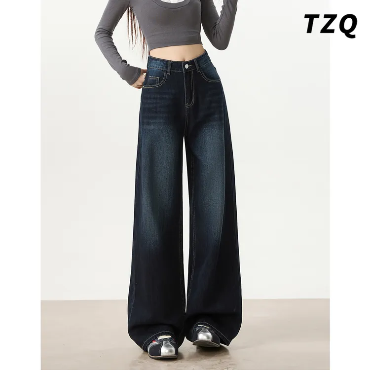 美式复古阔腿直筒牛仔裤女2025秋小个子宽松显瘦九分裤TZQ2592018