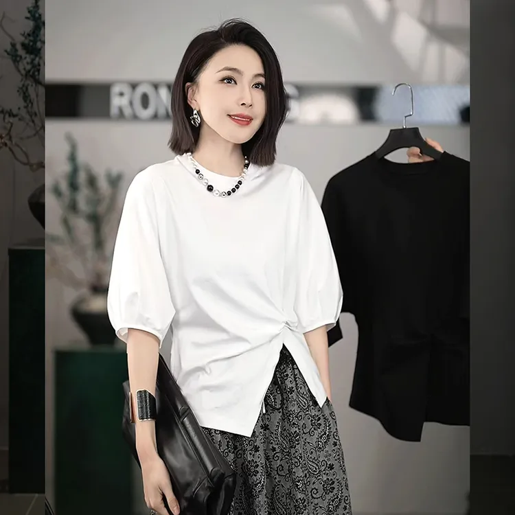 溶溶T【个性风潮】RONG圆领不规则剪裁打结简约百搭短袖25XT1001