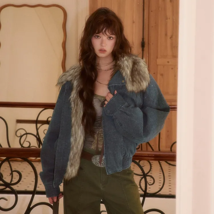 【10.7新品】wooha 吾哈2025冬新款复古设计感牛仔色毛领棉服外套