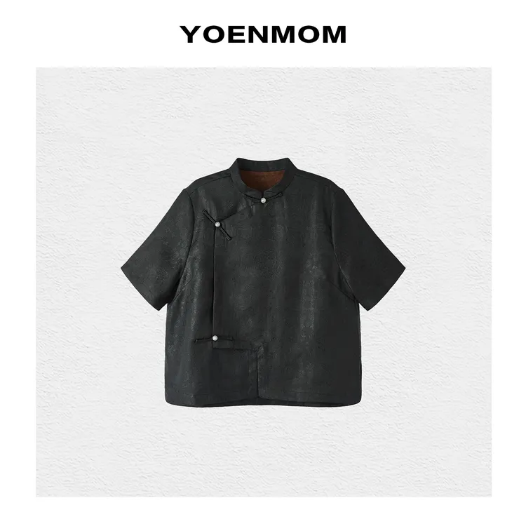 YOENMOM·彩鳞宝相·100桑蚕丝泥染香云纱花罗中式老钱调足银扣上衣