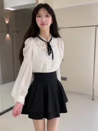 樱花妹妹  仙里仙气！刺绣系带拼接娃娃版型宽松半透视雪纺上衣