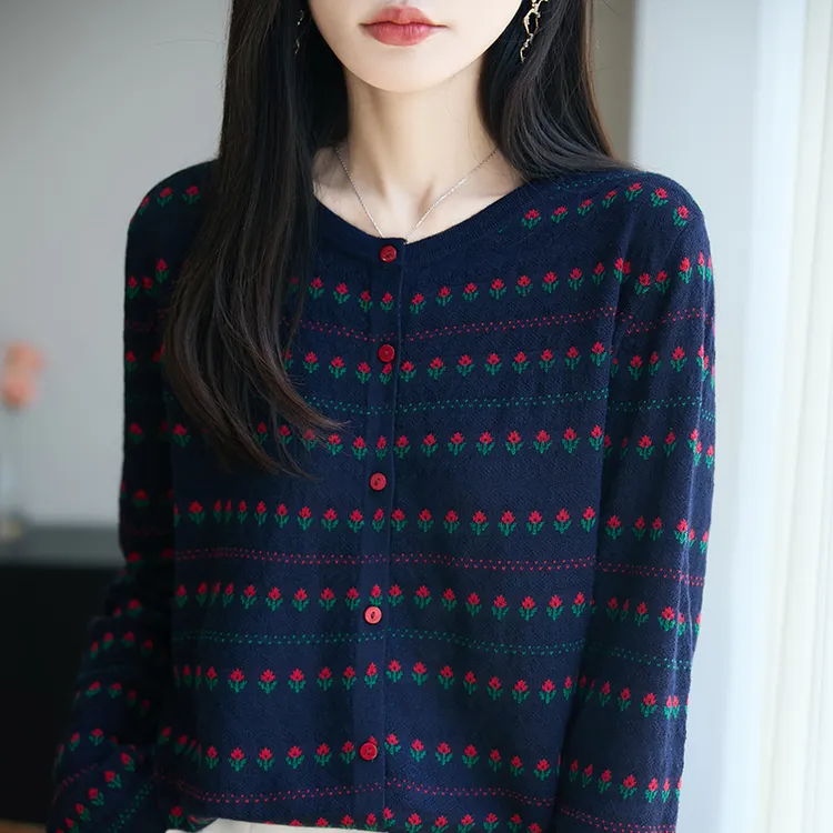 藏蓝色郁金香花卉装饰针织开衫初秋新款女装圆领外搭上衣时尚减龄