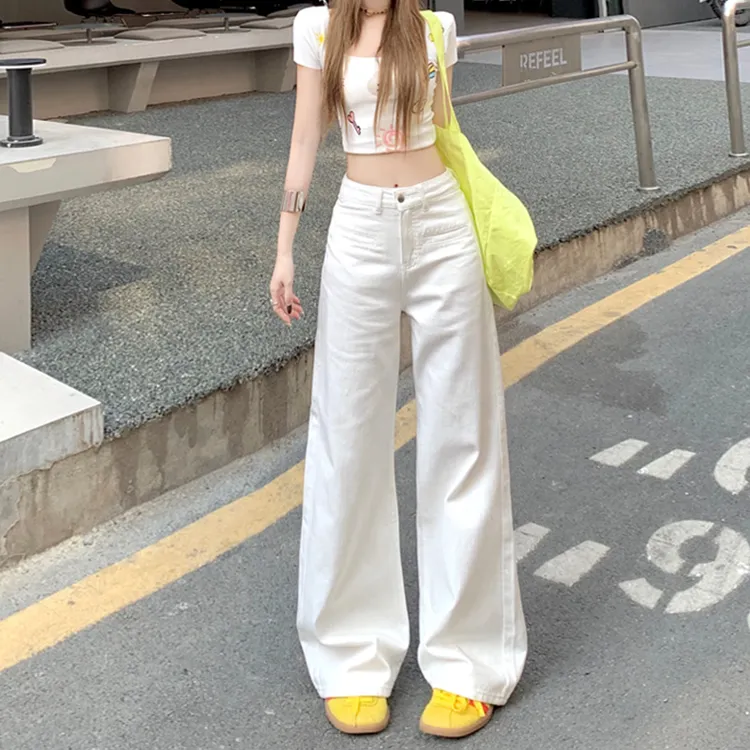 美式个性开袋设计白色阔腿牛仔裤女高腰宽松垂感直筒裤子长裤加长