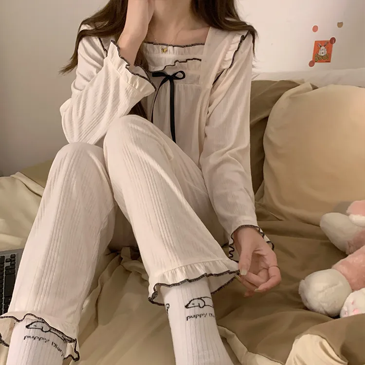 睡衣女春秋季精梳棉长袖杏色轻便舒适带胸垫薄款公主风家居服套装