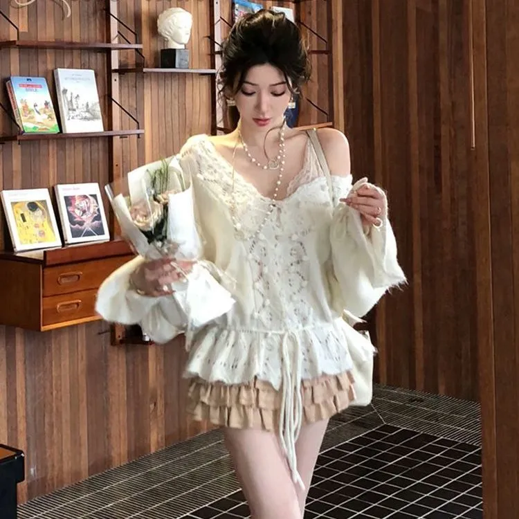 慵懒风宽松镂空钩花V领毛衣女2025早秋韩系设计抽绳下摆针织开衫