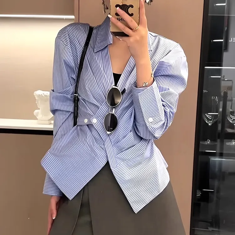 法式高级感不规则条纹长袖衬衫2025春季新款设计感交叉收腰衬衫潮