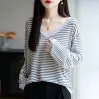 【娃娃专属】女毛针织衫条纹拼色针织长袖上衣打底衫上衣显瘦羊毛衫