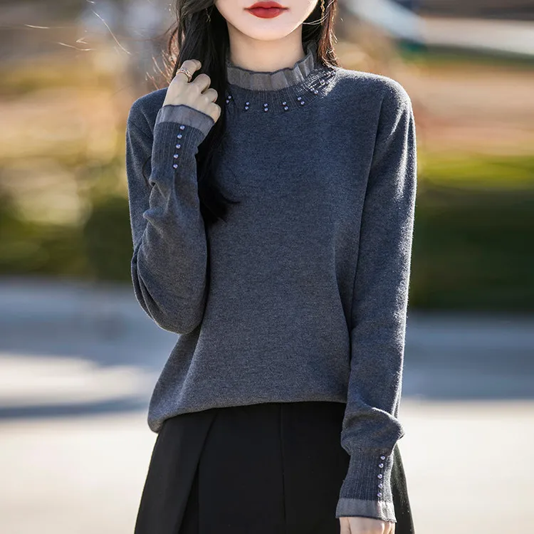 鄂尔多斯市100羊毛衫春装新款宽松蕾丝针织打底衫秋冬钉珠毛衣女