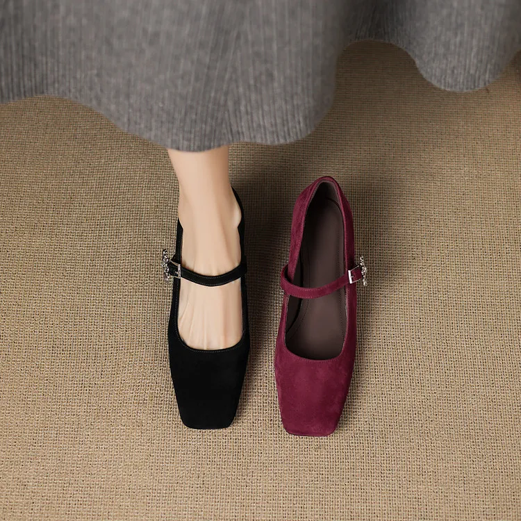 4.5cm 法式复古百搭粗跟浅口单鞋春秋简约休闲时尚方头玛丽珍单鞋