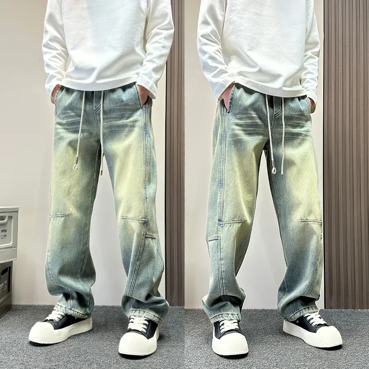 美式复古黄泥扎染猫须纹牛仔裤男2025秋冬新款加绒宽松直筒弯刀裤