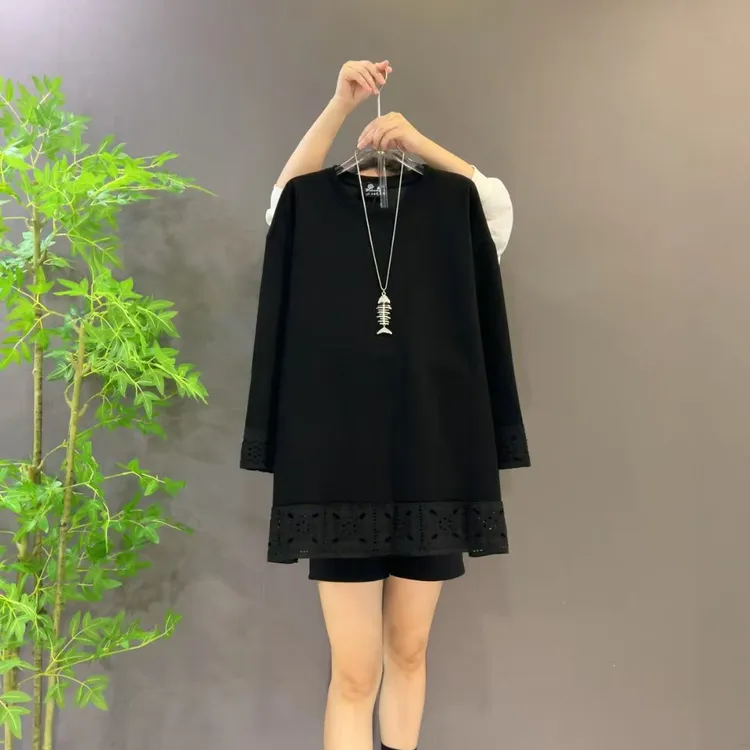 24183欧货大码秋季新款时尚休闲百搭宽松简约设计感底摆长袖T恤