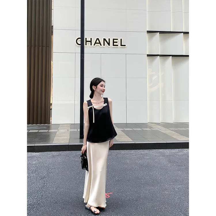 法式轻奢感蝴蝶结无袖吊带背心上衣夏季修身包臀鱼尾半身裙两件套