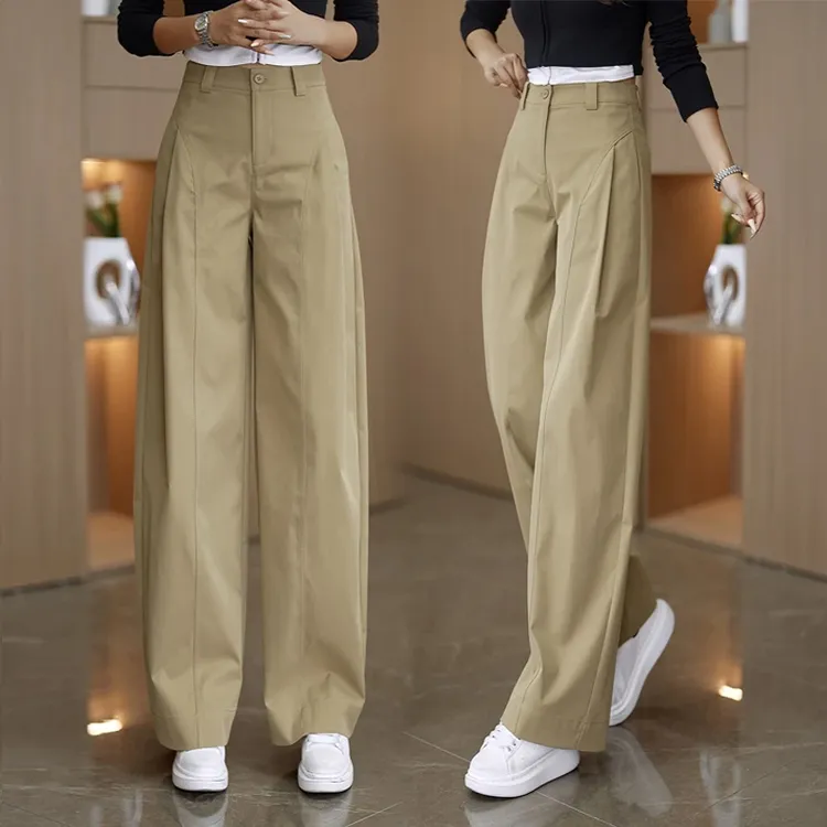 高腰休闲裤阔腿秋冬加绒加厚复古女装禅意仙气飘飘正宗卡其色裤子