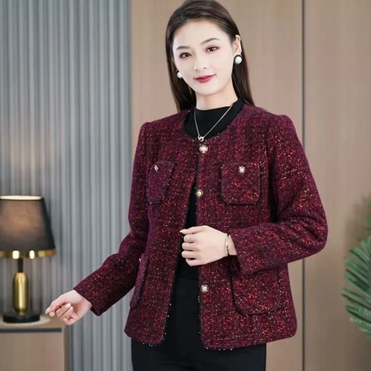 保暖洋气妈妈装长袖小香风显瘦女常规格子短外套休闲