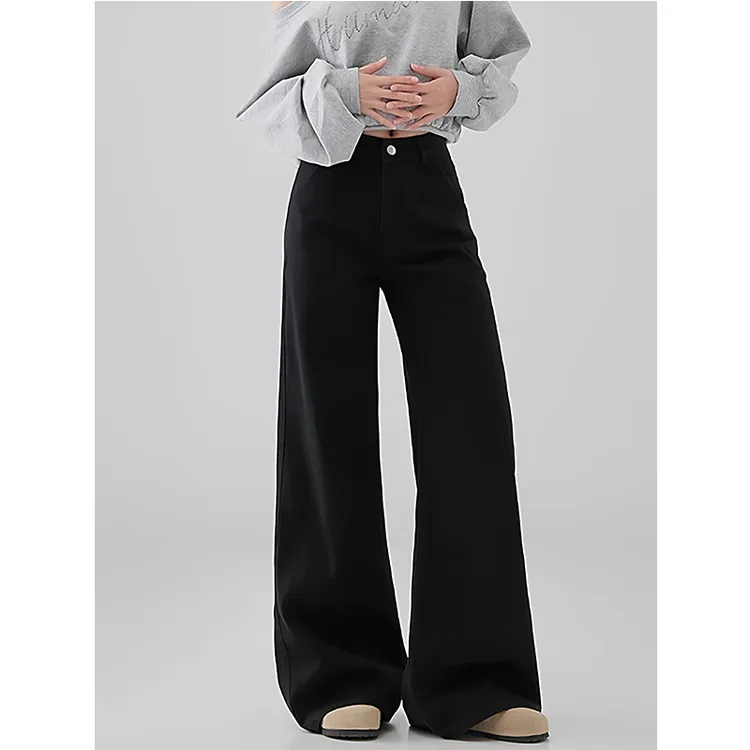 黑色大码女款高腰牛仔裤秋冬微喇胖mm显瘦梨型身材宽松遮跨阔腿裤