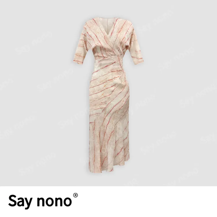 懒猫nono│Saynono 时尚新款法式V领条纹气质收腰显瘦连衣裙H0832X