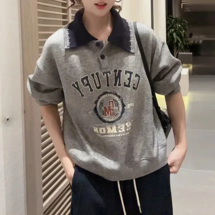 秋季加厚松弛感Polo领卫衣女韩版百搭遮肉显瘦复古印花遮屁股上衣