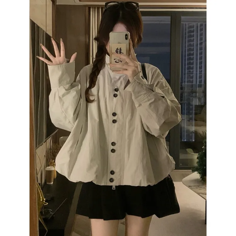 学院风设计感花苞下摆长袖外套女秋季格子拼接宽松显瘦夹克上衣