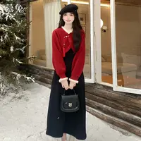 慕兔新中式国风套装女2025冬季新款针织毛衣罩衫吊带连衣裙两件套
