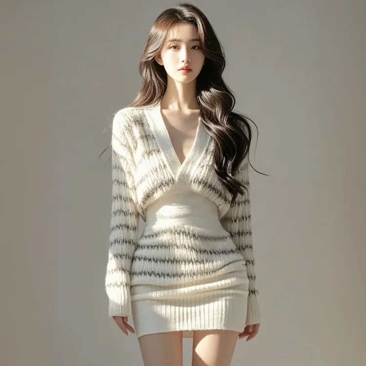 Z6943时尚法式气质纯欲收腰连衣裙秋冬新款V领修身显瘦条纹包臀裙