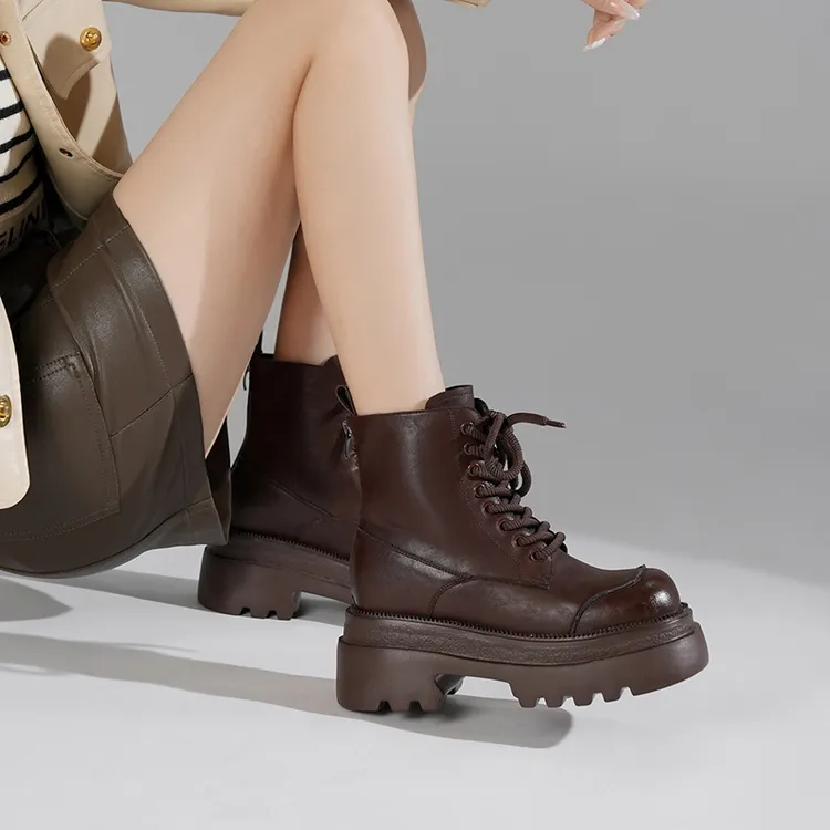 真皮复古美拉德棕色靴子2025新款松糕厚底系带短靴英伦风马丁靴女