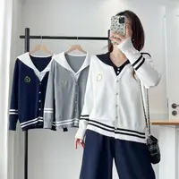 大码秋装新款韩版胖mm海军领刺绣假两件针织开衫学院风毛衣2635