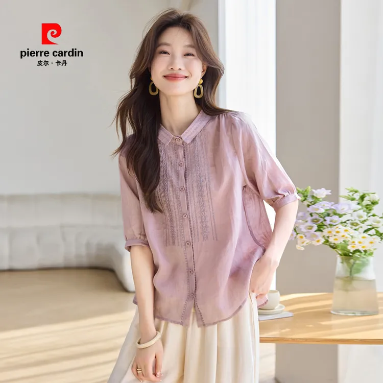 皮尔卡丹夏季薄款天丝苎麻短袖衬衫女年时尚文艺风刺绣宽松上衣女