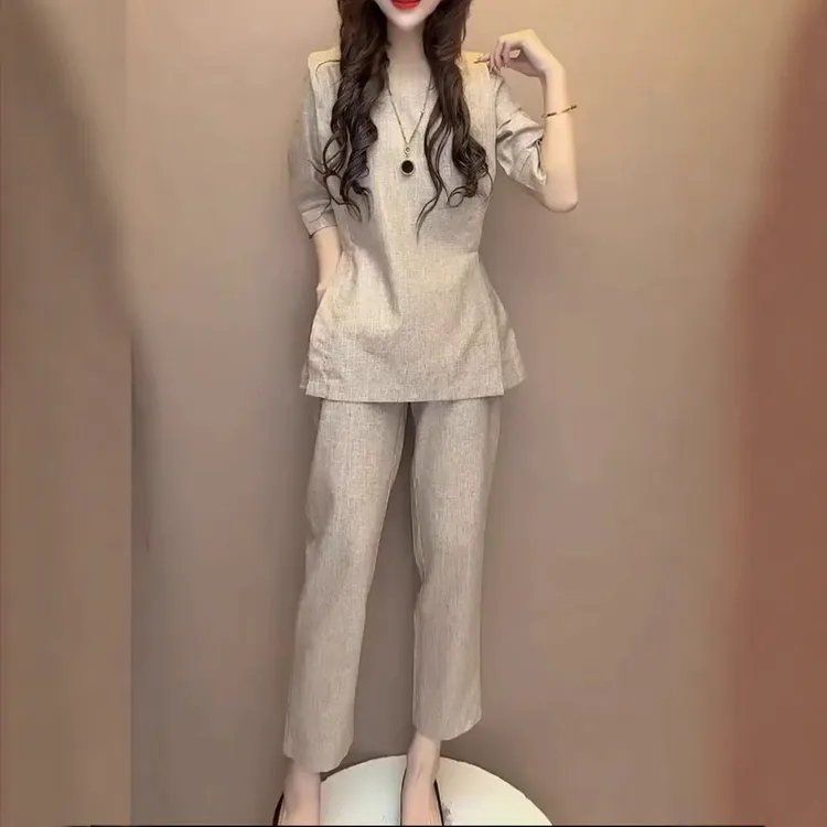 中年人女装2025夏秋季新款圆领开叉遮肚纯色套装九分裤显瘦女