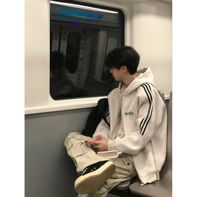 美式艺术体字母印花开衫连帽卫衣男女秋冬三条杠休闲百搭拉链外套